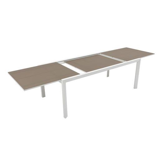 Uitschuifbare aluminium en glazen tafel in wit en taupe, 200-300 x 100 x 75 cm | Orik