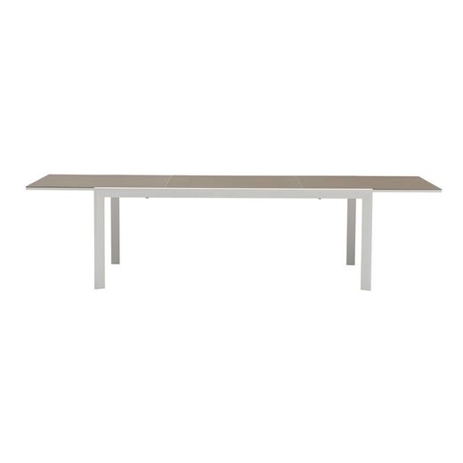 Uitschuifbare aluminium en glazen tafel in wit en taupe, 200-300 x 100 x 75 cm | Orik