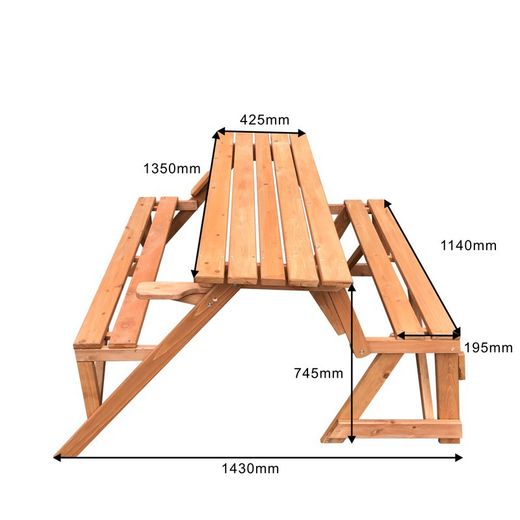 Mesa de Picnic/ Banco Summer Transformable de Madera Natural, 135x143x74,5 cm
