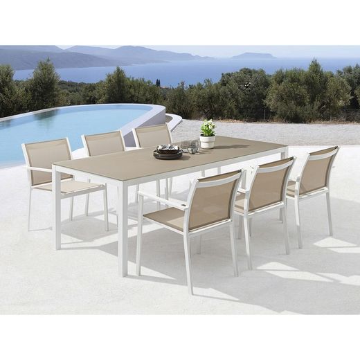 Rectangular aluminum and glass table in white and taupe, 160 x 90 x 74 cm | Adin