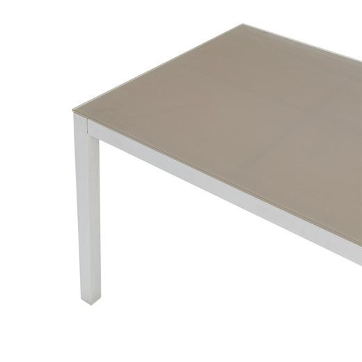 Rectangular aluminum and glass table in white and taupe, 200 x 90 x 74 cm | Adin
