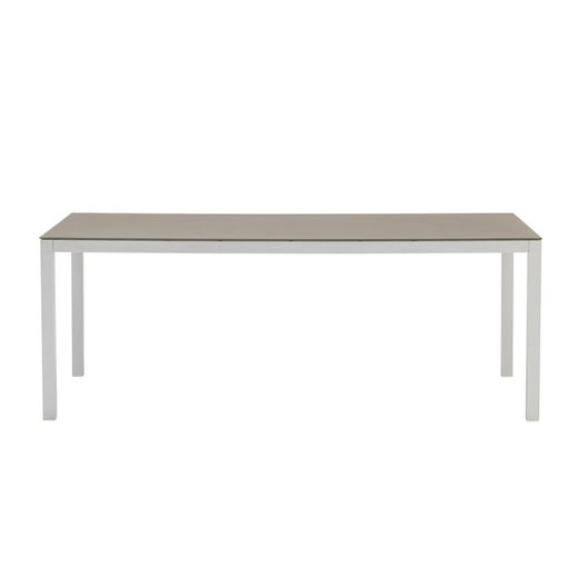 Rectangular aluminum and glass table in white and taupe, 200 x 90 x 74 cm | Adin