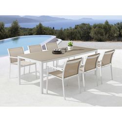 Rectangular aluminum and glass table in white and taupe, 200 x 90 x 74 cm | Adin