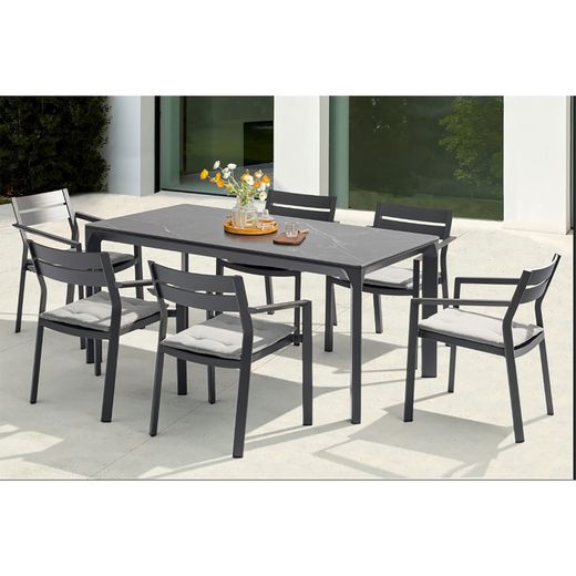 Rectangular aluminum and synthetic stone table in anthracite and medium gray, 160 x 90 x 75 cm | Boori