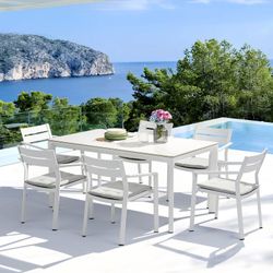 Rectangular aluminum and synthetic stone table in white and light gray, 160 x 90 x 75 cm | Boori