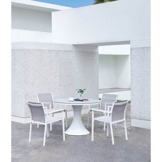 Round aluminum and glass table in white and light gray, 110 x 110 x 75 cm | Jenner