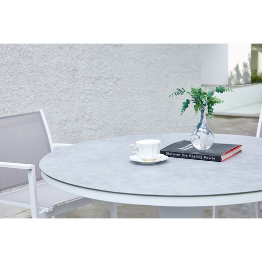 Round aluminum and glass table in white and light gray, 110 x 110 x 75 cm | Jenner
