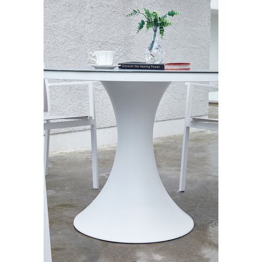 Round aluminum and glass table in white and light gray, 110 x 110 x 75 cm | Jenner