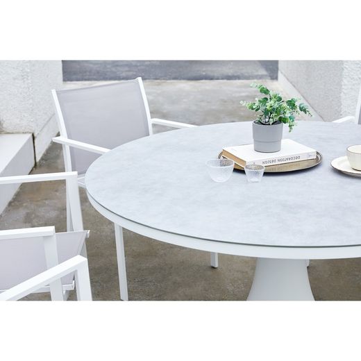 Round aluminum and glass table in white and light gray, 135 x 135 x 75 cm | Jenner