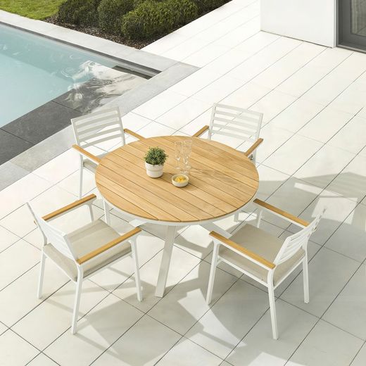 Garden dining set in white aluminum and teak | Sidney + Broome