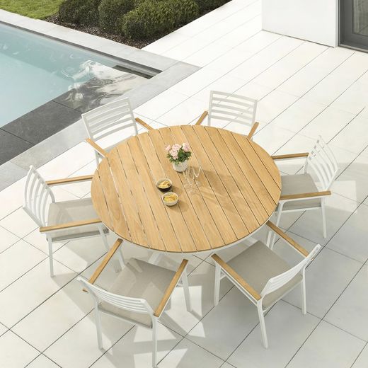 Garden dining set in white aluminum and teak | Sidney Ø 150 cm + Broome