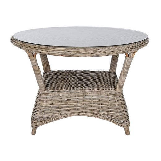 Tavolo da pranzo rotondo da giardino in rattan e vetro temperato naturale, 120 x 120 x 82 cm | Indonesia