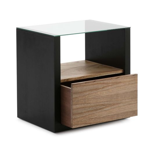 Table de chevet en verre et bois, 60x45x60 cm