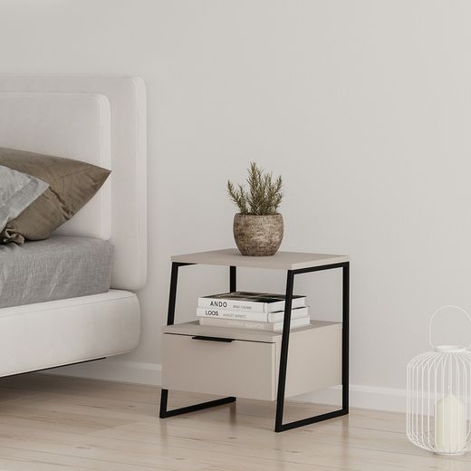 Table de chevet en bois et métal crème et noir, 45 x 40 x 50 cm | Vélia
