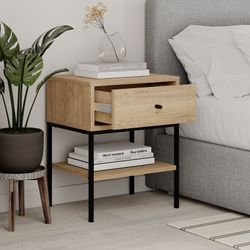 Wood and metal bedside table in oak and black, 45 x 35 x 56.4 cm | Lisa