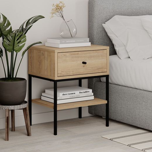 Wood and metal bedside table in oak and black, 45 x 35 x 56.4 cm | Lisa
