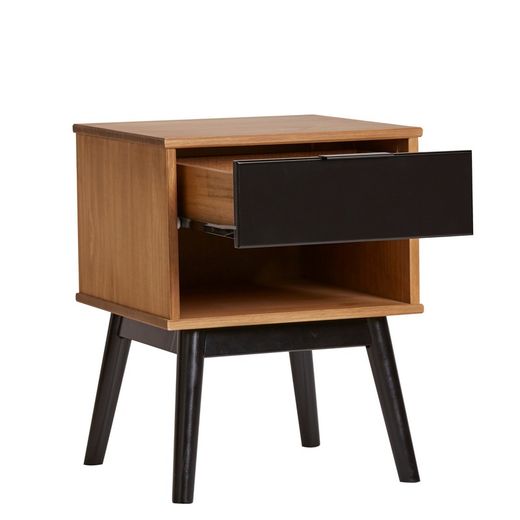 Nattbord i svart furu och trä, 40 x 40 x 52 cm