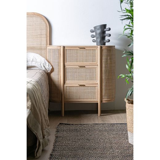 Table de chevet en dm, frêne et rotin naturel, 80 x 39 x 80 cm | Ikla