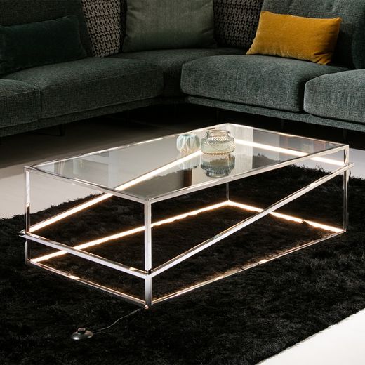 MOONLIGHT-Mesa de centro rectangular de acero y cristal con luz LED 110x70x39 cm