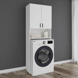 Mueble alto para lavadora de madera en blanco, 65 x 32 x 182 cm | Atenas