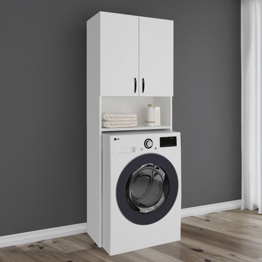 Mueble alto para lavadora de madera en blanco, 65 x 32 x 182 cm | Atenas