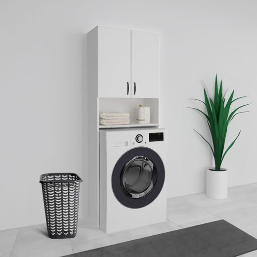 Mueble alto para lavadora de madera en blanco, 65 x 32 x 182 cm | Atenas
