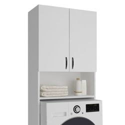 Mueble alto para lavadora de madera en blanco, 65 x 32 x 182 cm | Atenas