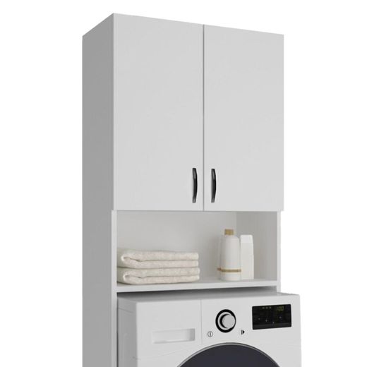 Mueble alto para lavadora de madera en blanco, 65 x 32 x 182 cm | Atenas