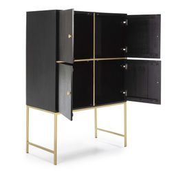 Wood and Gold/Black Metal Bar Cabinet, 100x50x151cm