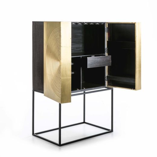 Barschrank aus Holz und goldfarbenem/schwarzem Metall, 91 x 56 x 152 cm