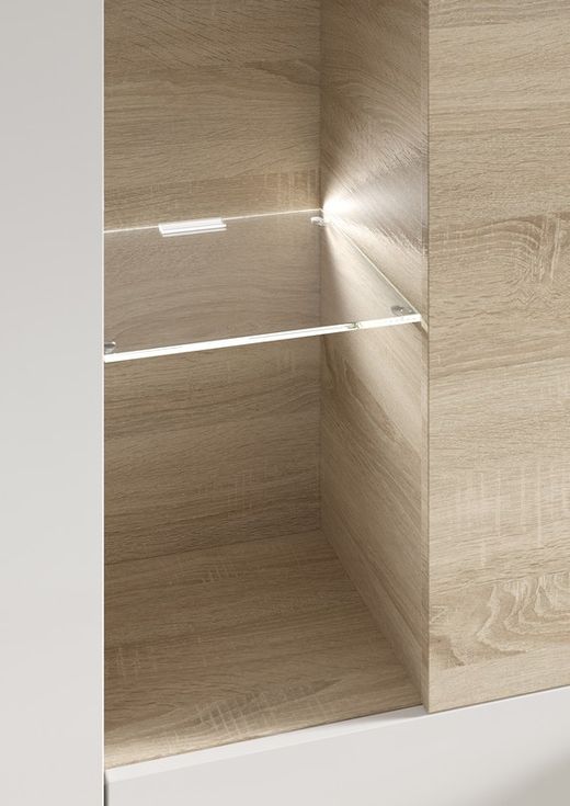 Kompaktowe meble do salonu w kolorze białym i dębowym, 260 x 42 x 185 cm