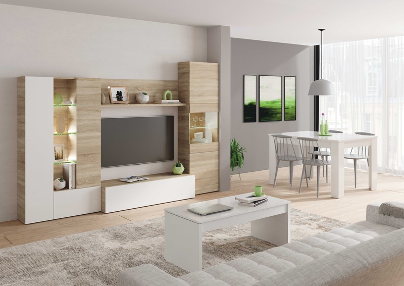 Mueble compacto de salón en blanco y roble, 260 x 42 x 185 cm — Qechic