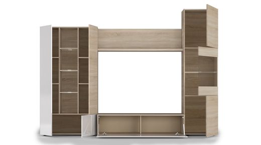 Kompaktowe meble do salonu w kolorze białym i dębowym, 260 x 42 x 185 cm