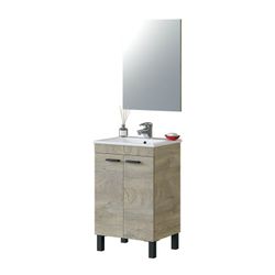 Badkamermeubel met spiegel in hout en natuurlijk/zwart glas, 50x40x80 cm | ATHENE