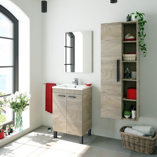 Badkamermeubel met spiegel in hout en natuurlijk/zwart glas, 50x40x80 cm | ATHENE