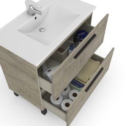 Badkamermeubel met spiegel in hout en natuurlijk/zwart glas, 80x45x80 cm | ATHENE