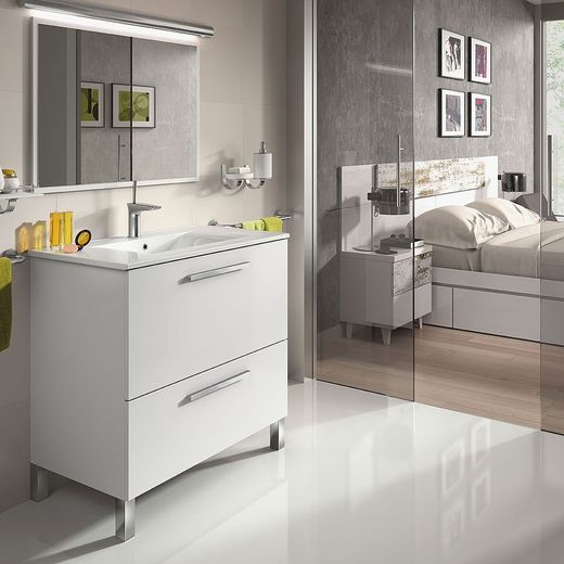 Mueble de baño blanco brillo con 1 puerta, 1 cajón y espejo, 80 x 45 x 80 cm