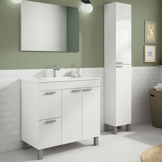 Glanzend witte wastafelmeubel met 2 deuren, 2 lades en spiegel, 80 x 45 x 80 cm
