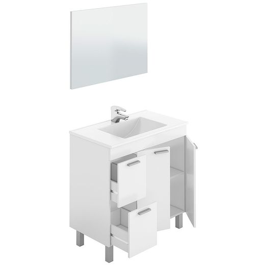 Glanzend witte wastafelmeubel met 2 deuren, 2 lades en spiegel, 80 x 45 x 80 cm