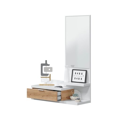 Hall cabinet with mirror in white/natural wood, 81x29x116 cm | DAHLIA