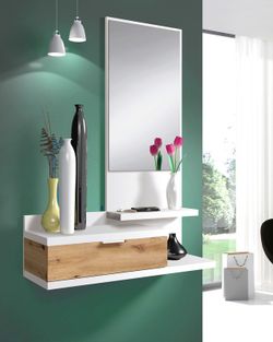 Hall cabinet with mirror in white/natural wood, 81x29x116 cm | DAHLIA