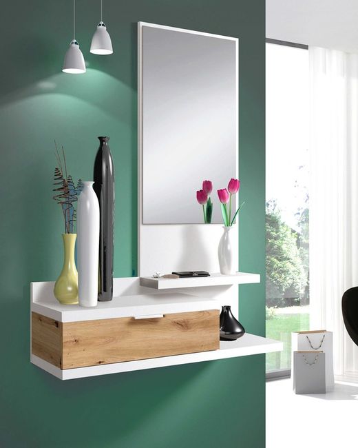 Hall cabinet with mirror in white/natural wood, 81x29x116 cm | DAHLIA