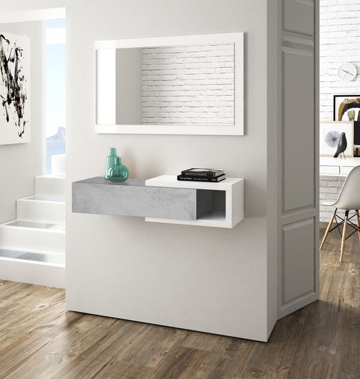 Gray/white wooden hall cabinet with mirror, 95x26x19 cm | NOON