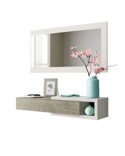 Hall cabinet with mirror in natural/white wood, 95x26x19 cm | NOON