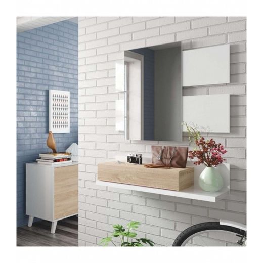 Hall furniture with mirror and 1 drawer in white and oak, 75 x 29 x 20 cm