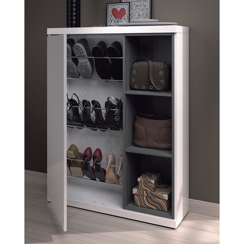 Mueble recibidor con zapatero y espejo en color blanco brillo y gris ceniza, 79 x 25 x 108 cm