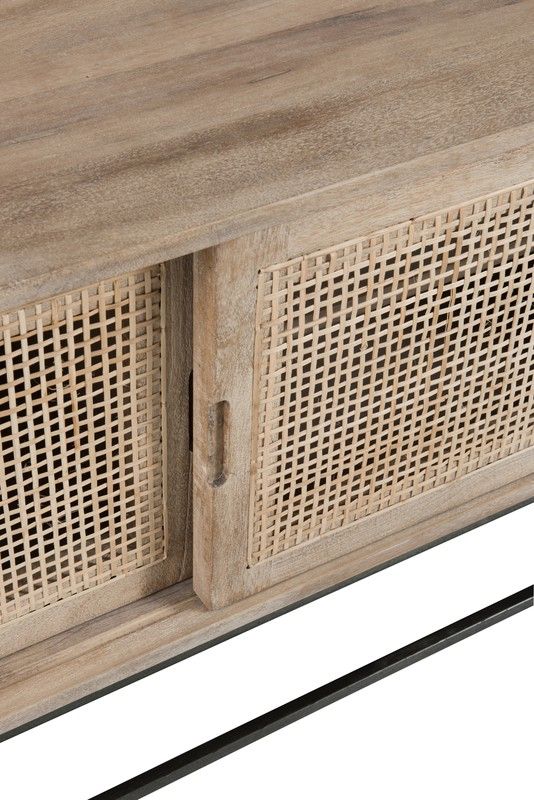 Credenza Con Ante Scorrevoli In Vero Rattan E 2 Cassetti | Mobile Da Soggiorno 155x38x80 Cm, Legno Scuro, Piedini In Legno Massello