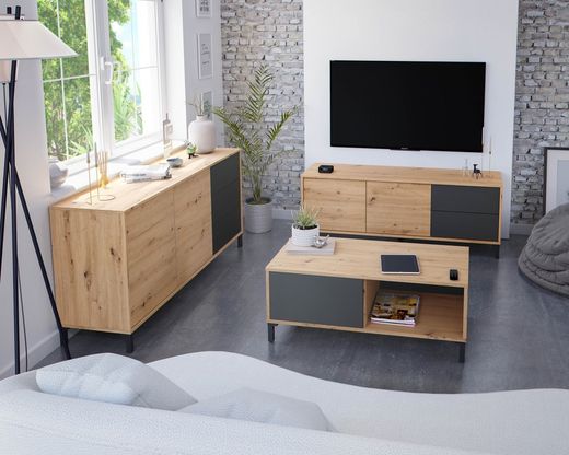 TV cabinet in natural wood/anthracite grey, 130x41x47 cm | BROOKLYN