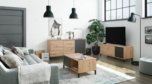 TV cabinet in natural wood/anthracite grey, 130x41x47 cm | BROOKLYN