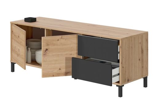 TV cabinet in natural wood/anthracite grey, 130x41x47 cm | BROOKLYN